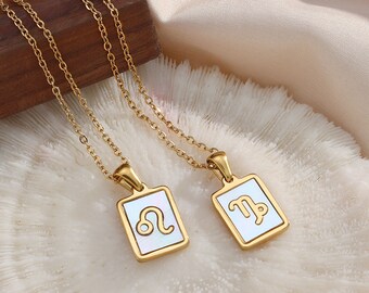 18K Gold Zodiac Necklace, Mother of Pearl Necklace, Square Shell Pendant Necklace, Personalized Jewellery, Gift forHer