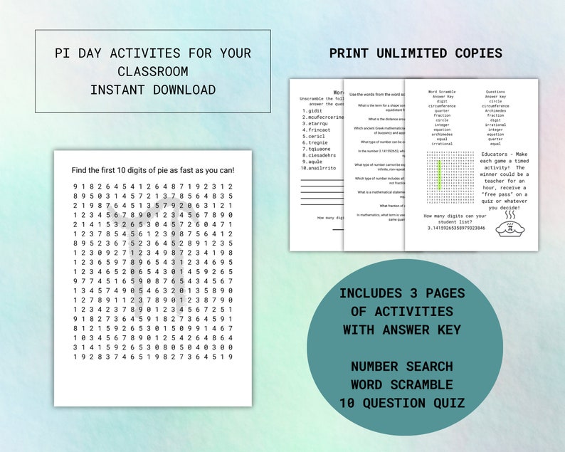 Pi Day, Pi Day Activities, Timed Activity, Middle School and High