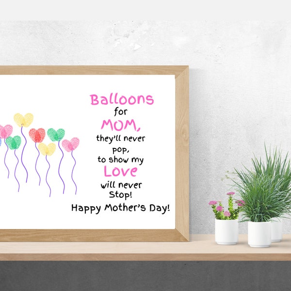 Mother's Day Kids Craft, Fingerprint Craft, keepsake, DIY Fingerprint Art, Balloon Fingerprints, Instant download, printable