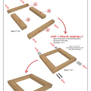 May include: A diagram showing the steps for assembling a wooden frame. The diagram shows how to use wood glue and nails to connect the pieces of wood. The diagram includes text instructions and labels for each step.