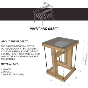 May include: A wooden table with a glass top and metal chains hanging from the sides. The table is 1' 3" wide, 1' 3" long, and 1' 9 3/8" high. The table is made of wood, steel, and glass. The text "PRYNT AND CRAFT" is at the top of the image.