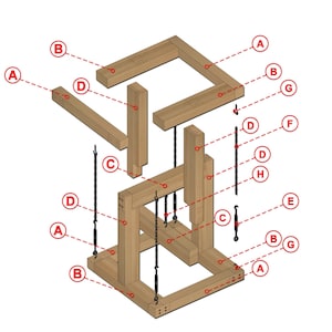May include: Diagram showing the assembly of a wooden swing set with metal chains. The diagram shows the individual pieces of wood and the chains that connect them. The pieces of wood are labeled with letters A, B, C, D, E, F, G, and H.