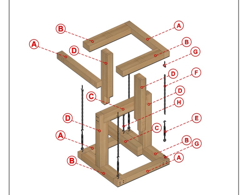 May include: Diagram showing the assembly of a wooden swing set with metal chains. The diagram shows the individual pieces of wood and the chains that connect them. The pieces of wood are labeled with letters A, B, C, D, E, F, G, and H.