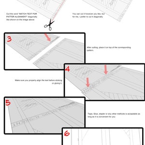 May include: A six-step guide on how to align a pattern piece with the text "MATCH TEXT FOR PATTERN ALIGNMENT" printed on it. The steps are illustrated with diagrams showing the process of cutting, aligning, and sticking the text piece onto the pattern.