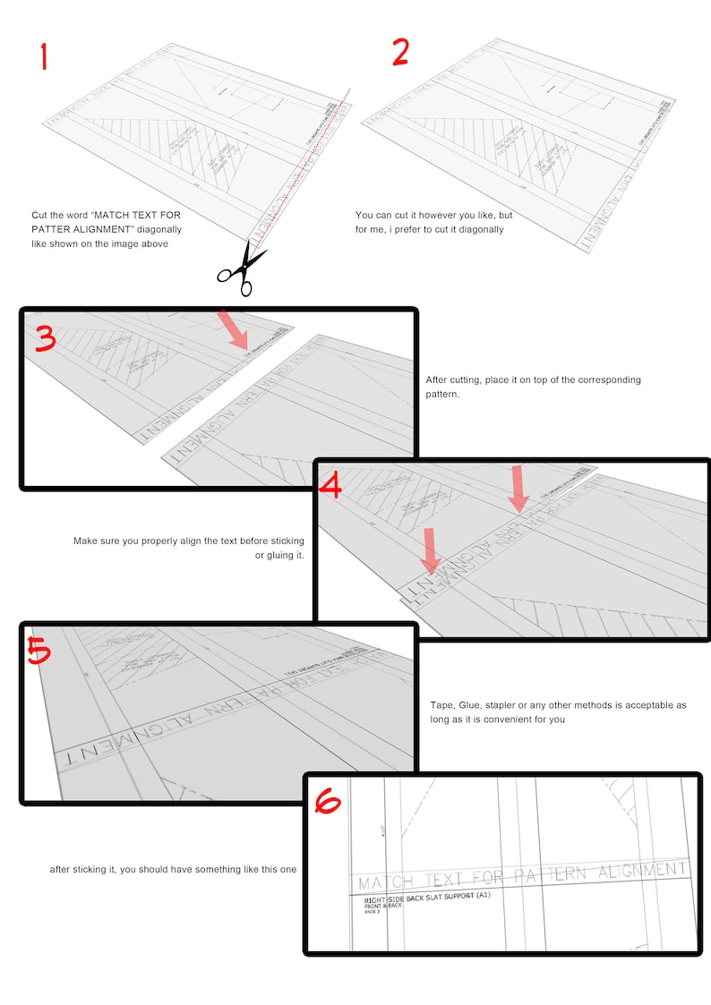 May include: A six-step guide on how to align a pattern piece with the text "MATCH TEXT FOR PATTERN ALIGNMENT" printed on it. The steps are illustrated with diagrams showing the process of cutting, aligning, and sticking the text piece onto the pattern.