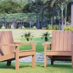 May include: Two wooden chairs with slatted backs and armrests, placed on a grassy lawn with a pond in the background.