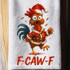 Funny Christmas Chicken Towel – “F-Caw-F” Holiday Rooster Humor Dishcloth
