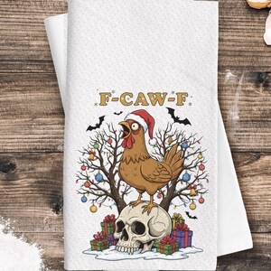 Funny Chicken Christmas Towel – “F-Caw-F” Holiday Poultry Skull Dishcloth