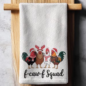 Funny Chicken Christmas Towel – “F-Caw-F Squad” Holiday Farm Dishcloth
