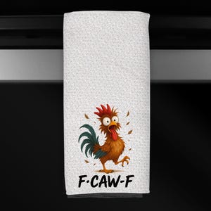 Funny Rooster Kitchen Towel – “F-Caw-F” Crazy Chicken Humor
