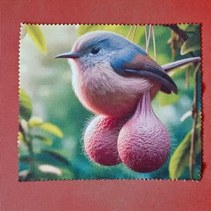 May include: A small blue and pink bird perched on a branch with two large pink bulbs hanging from the branch.