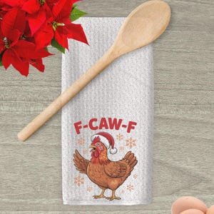 Funny Christmas Chicken Towel – “F-Caw-F” Holiday Hen with Santa Hat