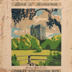 May include: Vintage travel poster advertising the Great Southern Railway in Ireland. The poster features a green landscape with a stone castle in the background and the text "IRELAND Land of Romance" at the top.