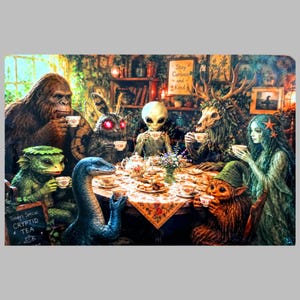 Cryptid Tea Party | Aluminum Wall Art and Magnet | Bigfoot & Mothman Decor