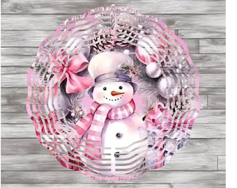 Snowman Windspinner: Pink Holiday Decor - Outdoor Garden Sculpture