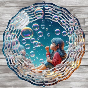 May include: A metal wind spinner with a whimsical design featuring a girl blowing bubbles in a blue sky with iridescent bubbles. The spinner is surrounded by a decorative border of wavy lines.