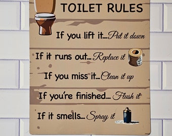 Letrero con humor para el baño: Reglas divertidas para el baño - Placa de metal de 8x10