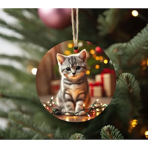 Kitten Christmas Ornament: Gray Tabby Cat (Handmade, Double-Sided)
