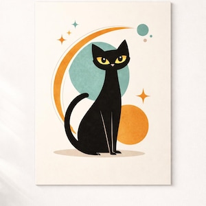 May include: A black cat illustration with yellow eyes, sitting upright. The cat is set against a cream background with orange and teal circles and starburst accents. A retro-style art print.