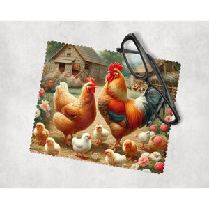May include: A colorful illustration of a rooster and hen with chicks in a barnyard setting. The rooster is red, white, and black, and the hen is brown and white. The chicks are yellow and white. The background includes a wooden barn, green grass, and flowers.
