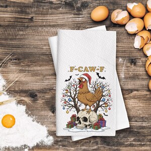 Funny Chicken Christmas Towel – “F-Caw-F” Holiday Poultry Skull Dishcloth