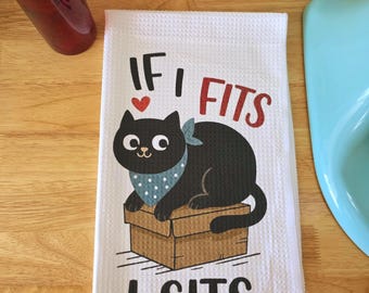 Funny Black Cat Kitchen Towel - 'If I Fits I Sits' Design
