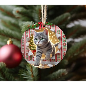 Grey Tabby Cat Ornament: Festive Kitten Holiday Decoration