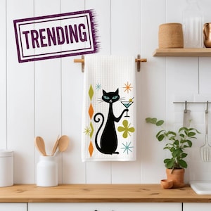 Torchons de cuisine Miss Atomic Whiskers Retro Cat Café – Art félin vintage milieu du siècle – Choix de torchons