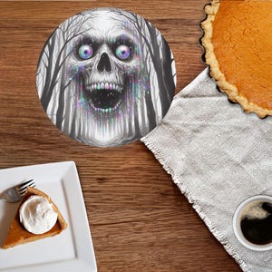 May include: A black and white illustration of a skull with glowing eyes and a mouth open in a scream. The skull is surrounded by trees and a background of colorful streaks.
