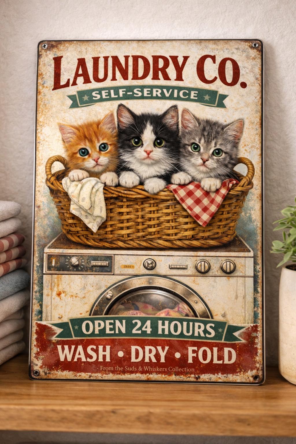 Nuboxx Targa in metallo con gatto nero e scritta Laundry Wash and
