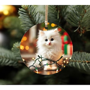 Christmas Kitten Ornament: Fluffy White Cat - Handmade Holiday Decor