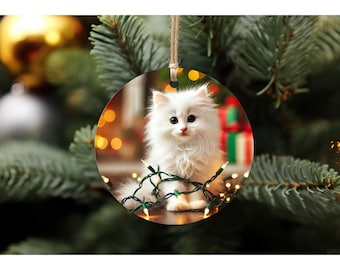 Christmas Kitten Ornament: Fluffy White Cat - Handmade Holiday Decor