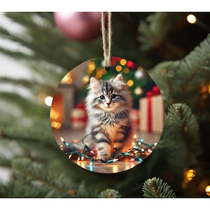 Christmas Cat Ornament: Fluffy Grey Tabby - Handmade Holiday Decor