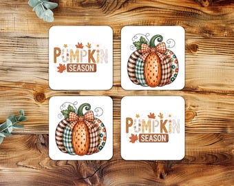 Pumpkin Season Coaster Set – Fall Plaid Pumpkin Drink Coasters