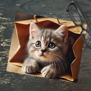 May include: A grey and white tabby kitten peeks out of a brown paper bag. The kitten has green eyes and white whiskers.