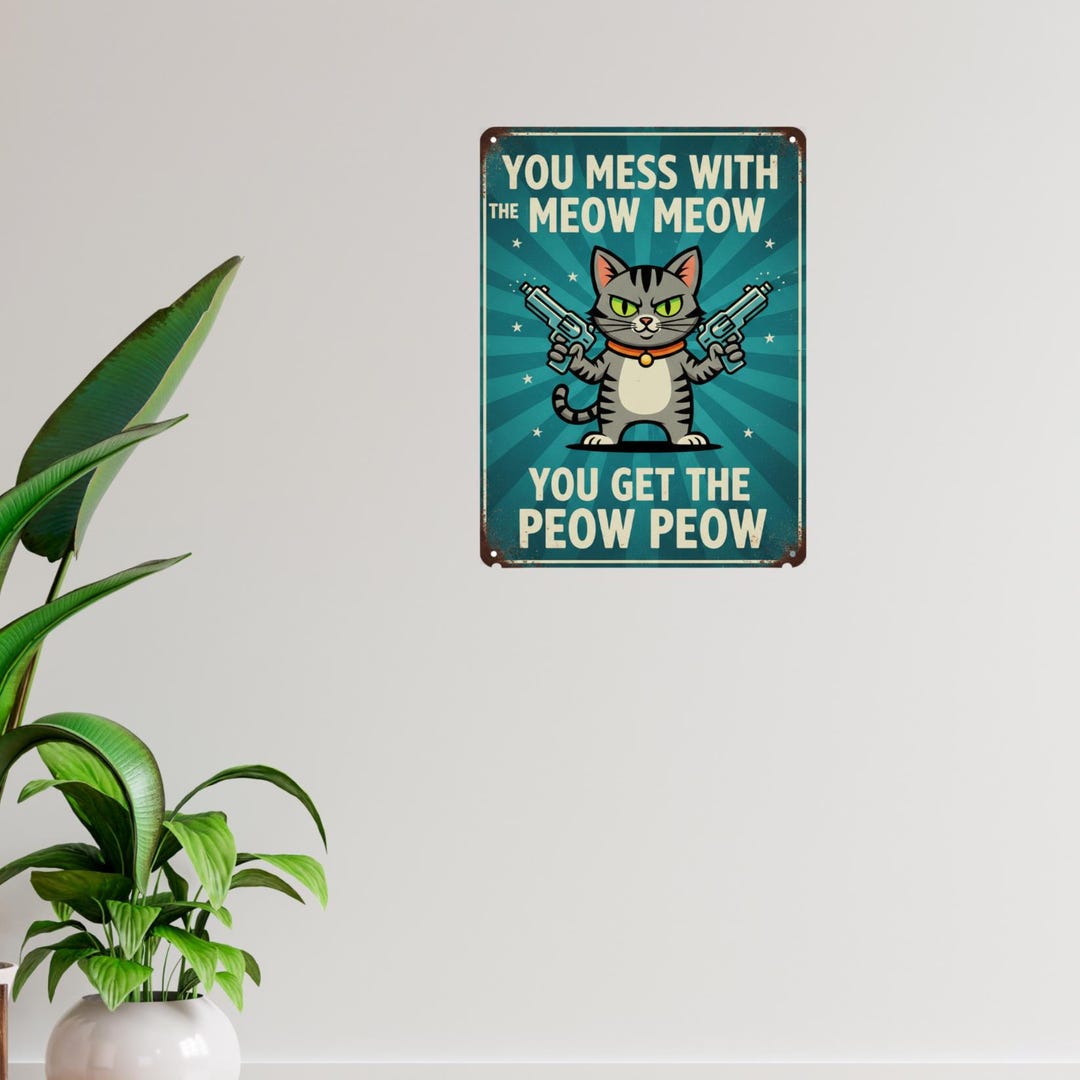 Funny Cat Wall Decor: Retro Metal Sign or Magnet - You Mess With the ...