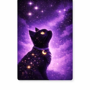 May include: A black cat with glowing yellow eyes and a purple collar with a crescent moon pendant. The cat is set against a vibrant purple and starry night sky background. The cat's fur is speckled with stars.