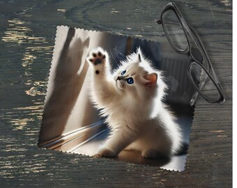 Cat Lover Microfiber Lens Cloth, Fluffy White Kitten (Glasses & Phone Screen)