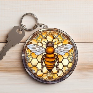 Honeybee Stained Glass Keychain: Colorful Bumblebee Honeycomb Charm