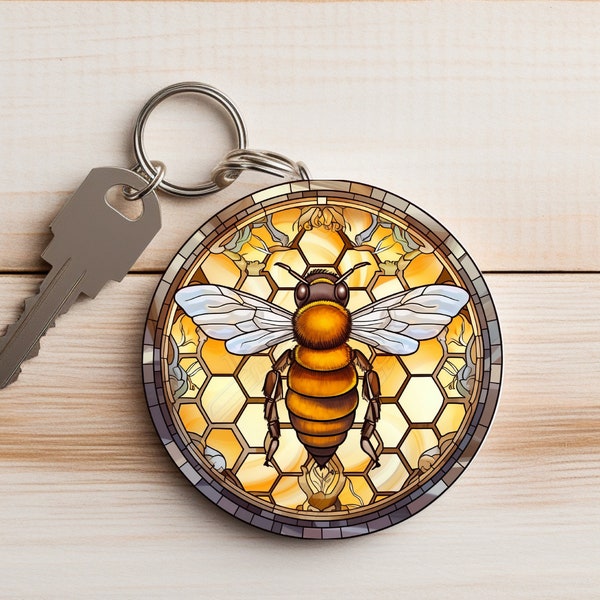 Double sided honey bee stained glass look 2" round keychain key ring - 6 different ones!