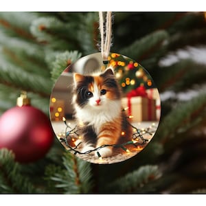 Calico Kitten Christmas Ornament, Fluffy Cat Decor (2.75&quot; Aluminum)