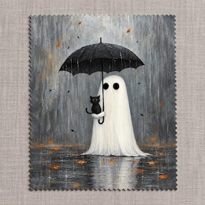 Ghost Lens Cloth, Ghost with Kitty Friend, Rainy Black Cat Microfiber Gift