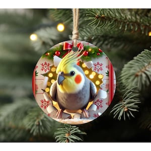 Puede incluir: Un adorno navideño redondo con un cacatúa amarillo y gris asomándose desde un fondo de papel rasgado con un patrón de copo de nieve rojo y blanco. El adorno tiene un lazo rojo y bayas rojas.