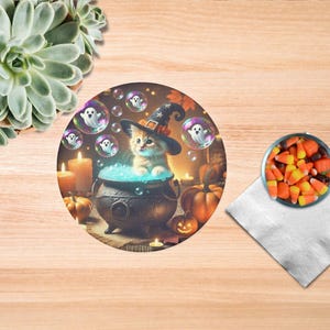 Chauffe-plat d'Halloween, motif sorcière, chat et chaton (20 cm)