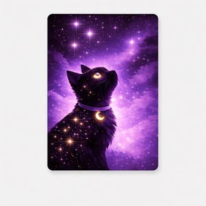 May include: A digital art print featuring a black cat gazing upwards at a starry purple sky. The cat has glowing yellow eyes and a crescent moon pendant. The cat's body is speckled with stars, creating a celestial theme.