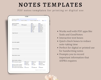 May include: A digital template for taking notes, featuring a checklist with checkboxes and text fields. The template is designed for use with PDF apps like Xodo and GoodNotes. The text "Simple & Minimal Notes Templates" is at the top of the page.