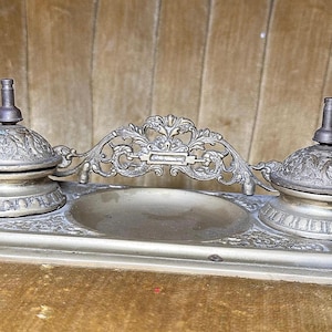 Vintage Victorian Style Ornate Brass Double Inkwell