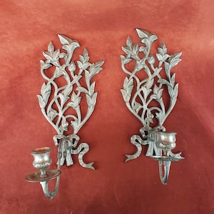 Vintage Hollywood Regency brass wall sconce Pair candle holder leaf and Bow