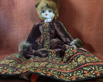 Vintage Russian Porcelain Doll With Christmas Dress Fur Hat and