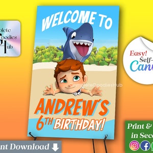 sharkdog welcome sign sharkdog invitation netflix sharkdog birthday kids png kids birthday editable welcome sign canva kids party invitation